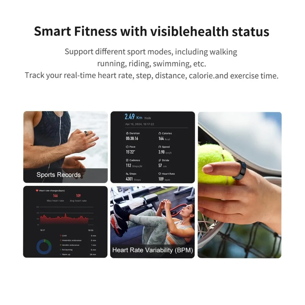 Fitness Ring Health Tracker Black Size 8